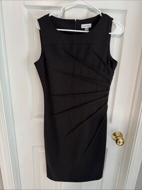 Calvin Klein Black Sleeveless Midi Sheath Dress with Asymmetric Pleats